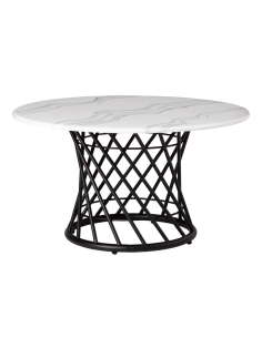 Coffee table CRYSTAL round marble-look top with black metal IXIA — front view