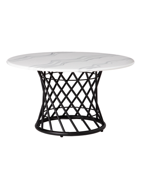 Tavolino basso CRYSTAL piano rotondo effetto marmo e metallo nero IXIA — vista frontale