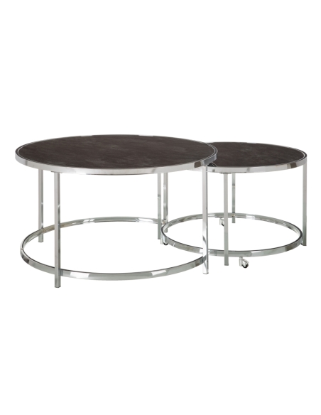 Set of two coffee tables NORA marble-look glass with chrome steel IXIA — both pieces of the set on white