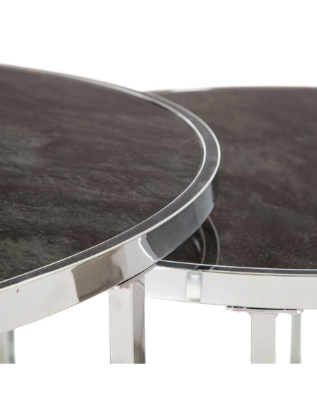 Set of two coffee tables NORA marble-look glass with chrome steel IXIA — edge detail