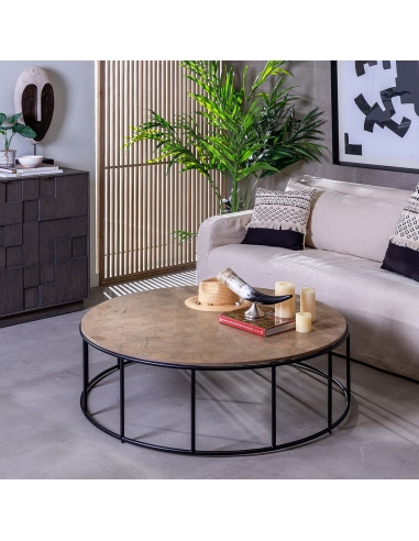 Coffee table KETAN large natural wood-look circle and metal IXIA — styled in a living room