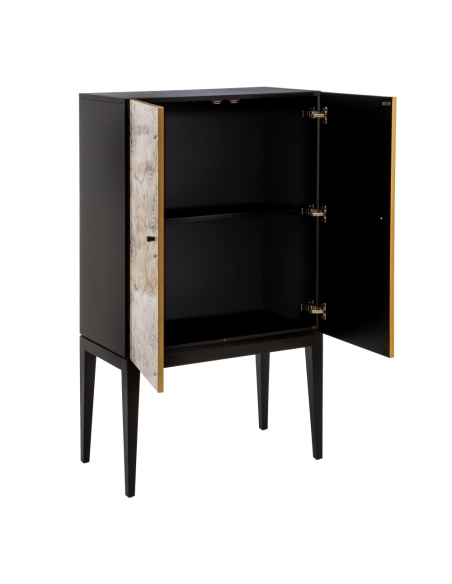 Decoratieve kast CABINET flamingomotief en zwart hout IXIA — open binnenvakken