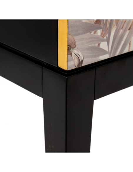 Armoire décorative CABINET motif flamants roses et bois noir IXIA — détail du bord