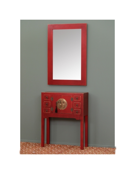Mesa pequeña madera estampada roja 1 cajón 2 puertas metálicas ORIENTE