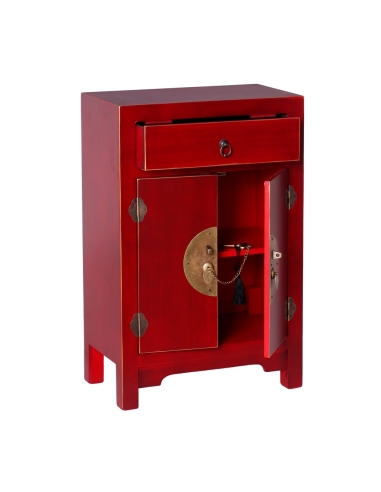 Kleine rode houten tafel met patronen 1 lade 2 metalen deuren ORIENTE