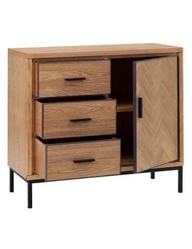 Cassettiera MESA frassino naturale e metallo nero IXIA — vani interni aperti