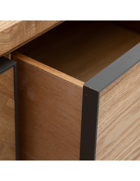 Kommode MESA Natur-Esche und schwarzes Metall IXIA — offene Schublade und Innenraum