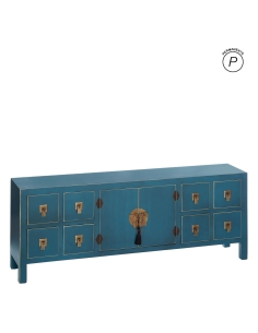 TV stand ORIENTE petrol blue with drawers and fittings IXIA — front view