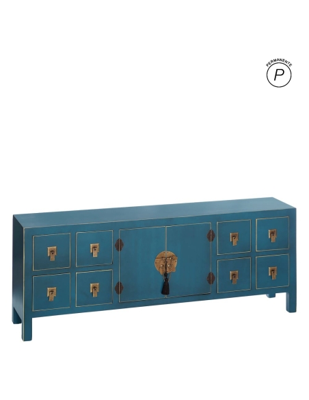 TV stand ORIENTE petrol blue with drawers and fittings IXIA — front view