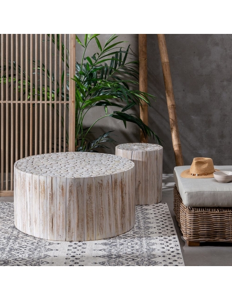 Coffee table SUZUKO whitewashed teak logs IXIA — styled in a living room