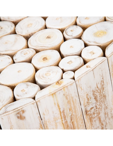 Coffee table SUZUKO whitewashed teak logs IXIA — natural wood edge close-up