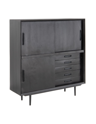 Decorative cabinet SUENOS black mango wood with sculpted doors IXIA — front view