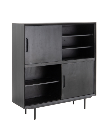 Decorative cabinet SUENOS black mango wood with sculpted doors IXIA — open interior storage