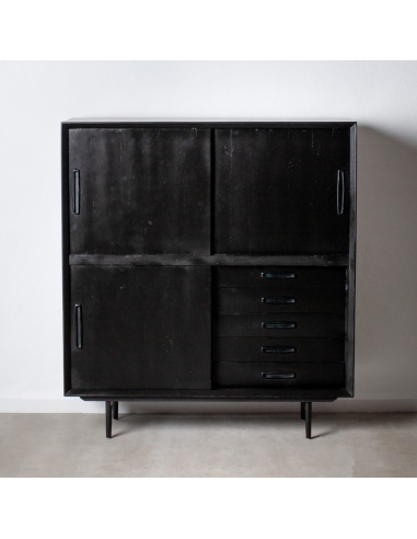 Decorative cabinet SUENOS black mango wood with sculpted doors IXIA — styled with furniture not included
