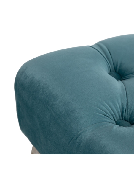 Gecapitonneerde bank XSPHERE blauw fluweel met grenen poten IXIA — detail van de bekleding