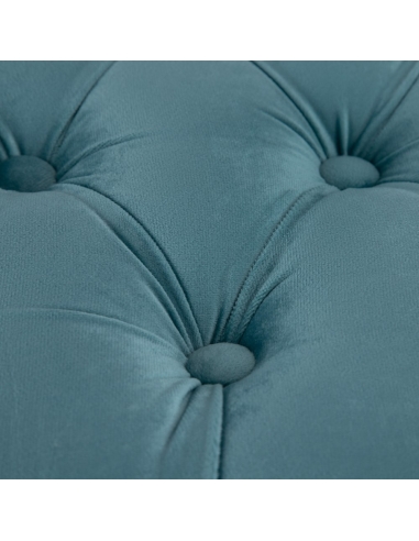 Banquette capitonnée XSPHERE velours bleu et pieds de pin IXIA — gros plan sur le capitonnage