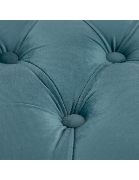 Banquette capitonnée XSPHERE velours bleu et pieds de pin IXIA — gros plan sur le capitonnage