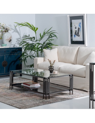 Mesa de centro IXIA inox cor de chumbo e dois vidros IXIA — ambientado numa sala