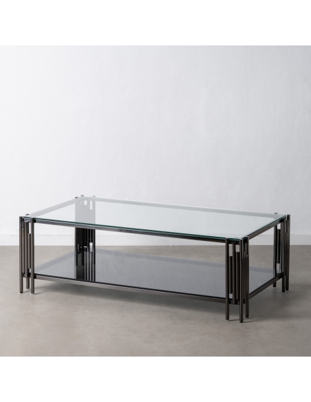 Coffee table IXIA gunmetal steel and two glass shelves IXIA — front view