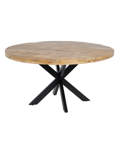 Eettafel MESA naturel mangohout en zwart onderstel IXIA — vooraanzicht en volledig silhouet
