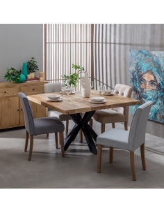 Dining table MESA natural mango and black base IXIA — front view and full silhouette 2