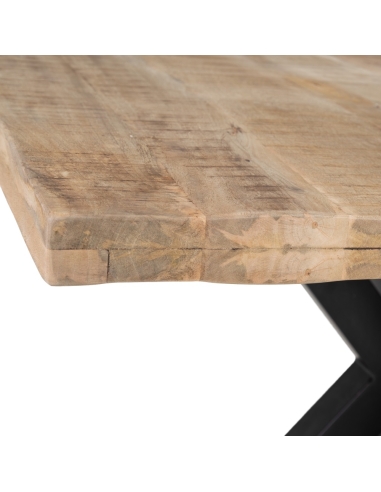 Dining table MESA natural mango and black base IXIA — wooden tabletop edge