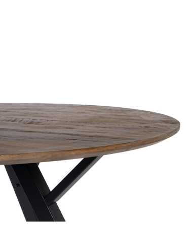 Mesa de comedor ATLAS madera marrón y metal negro IXIA — detalle del canto de madera