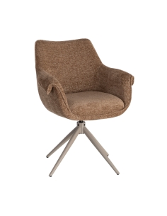 Isolated view : Swivel dining chair in brown fabric with taupe metal base