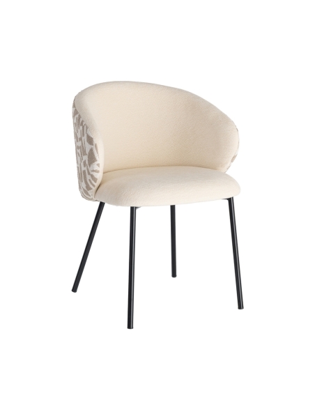 Isolated view : printed fabric-metal dining chair beige ecru, black legs