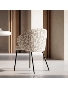 Isolated view : printed fabric-metal dining chair beige ecru, black legs 2