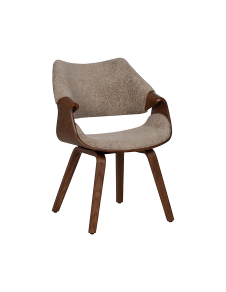 Vista isolata : Sedia in tessuto beige con struttura in legno marrone e braccioli