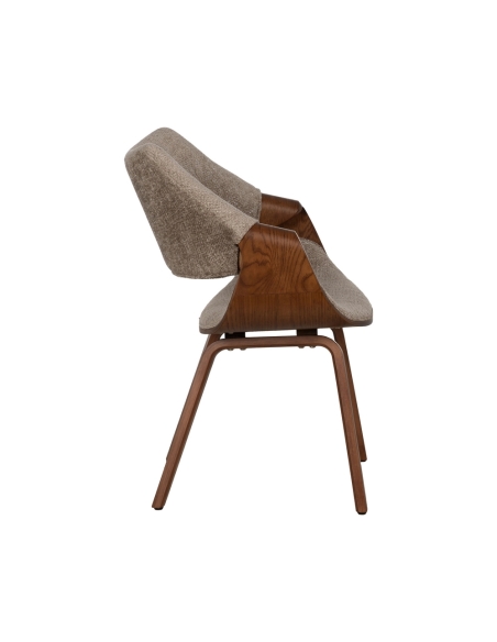 Detail : Stuhl beige Stoff mit dunkelbraunem Holzgestell und Armlehnen
