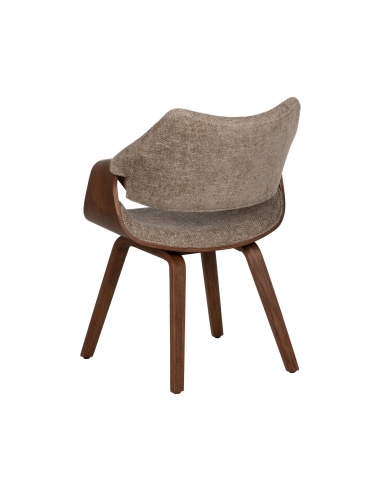Detail : Stuhl beige Stoff mit dunkelbraunem Holzgestell und Armlehnen