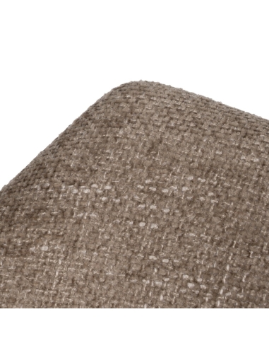 Detail : Stuhl beige Stoff mit dunkelbraunem Holzgestell und Armlehnen