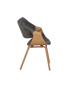 Isolated view : grey fabric and natural wood armchair-style dining chair