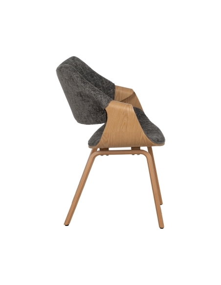 Isolated view : grey fabric and natural wood armchair-style dining chair