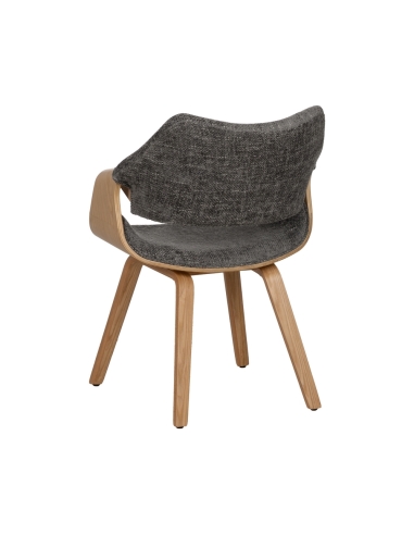 Détail : Chaise en tissu gris chiné et bois naturel avec accoudoirs