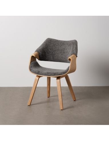 Detail : grey fabric and natural wood armchair-style dining chair