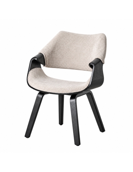 Isolated view : beige greige fabric and black wood armchair-style chair