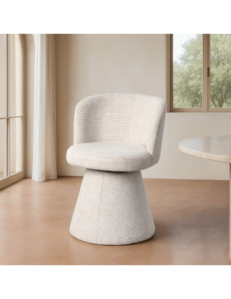 Room view : cream fabric swivel chair with covered central base