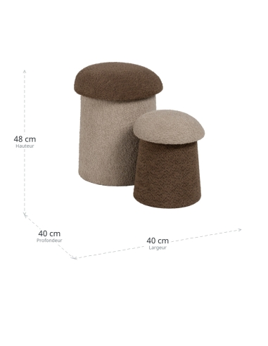 Dimensions : Lot de 2 poufs cylindriques beige et brun en tissu