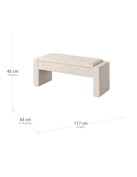 Dimensions : cream storage bench in boucle fabric with arched legs