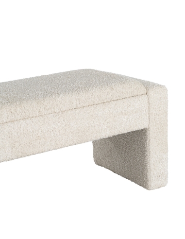 Detail : cream storage bench in boucle fabric with arched legs