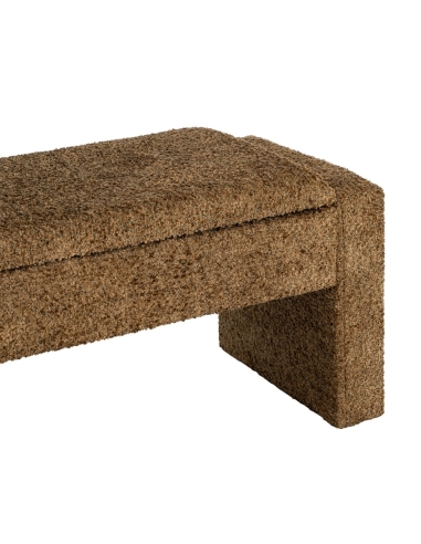 Detail : Ockerfarbene Truhenbank Bouclé mit Klappsitz und Bogenfüßen