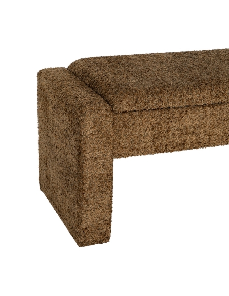 Detail : Ocher fabric storage bench with arched legs and lift seat