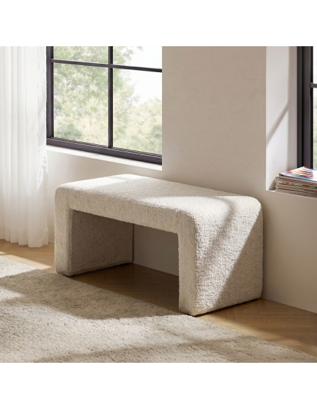 Vue en situation : Banc crème en tissu avec pieds arche en DM