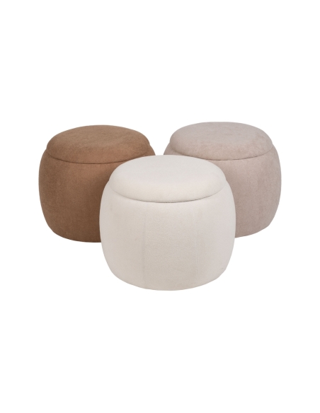 Detail : Round storage ottoman Malle in cream fabric and MDF