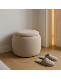 Vue détourée : Pouf coffre rond MALLE beige tissu 2