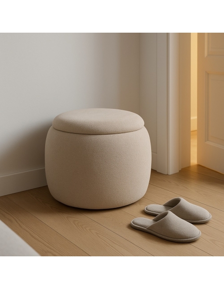 Vista ambientata : Pouf contenitore rotondo MALLE beige tessuto