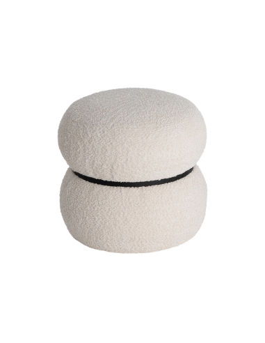 Isolated view : Cream bouclé round ottoman with black band double volume